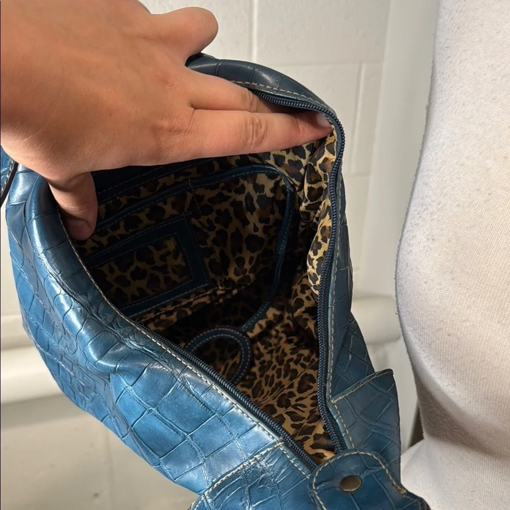 Nine West Blue Textured Women's Backpack blue alligator pattern w cheetah lining